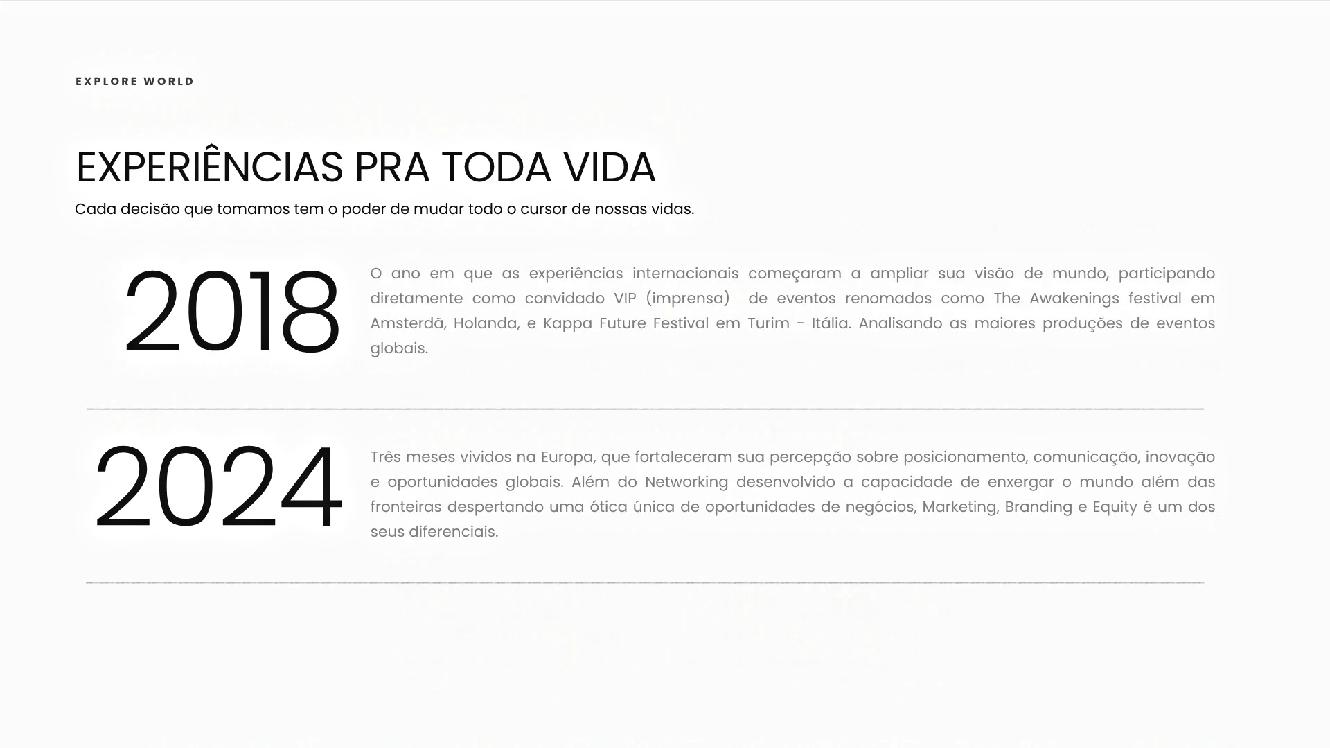Explore World — Experiências pra toda vida. Dois marcos em números grandes: 2018 e 2024.
