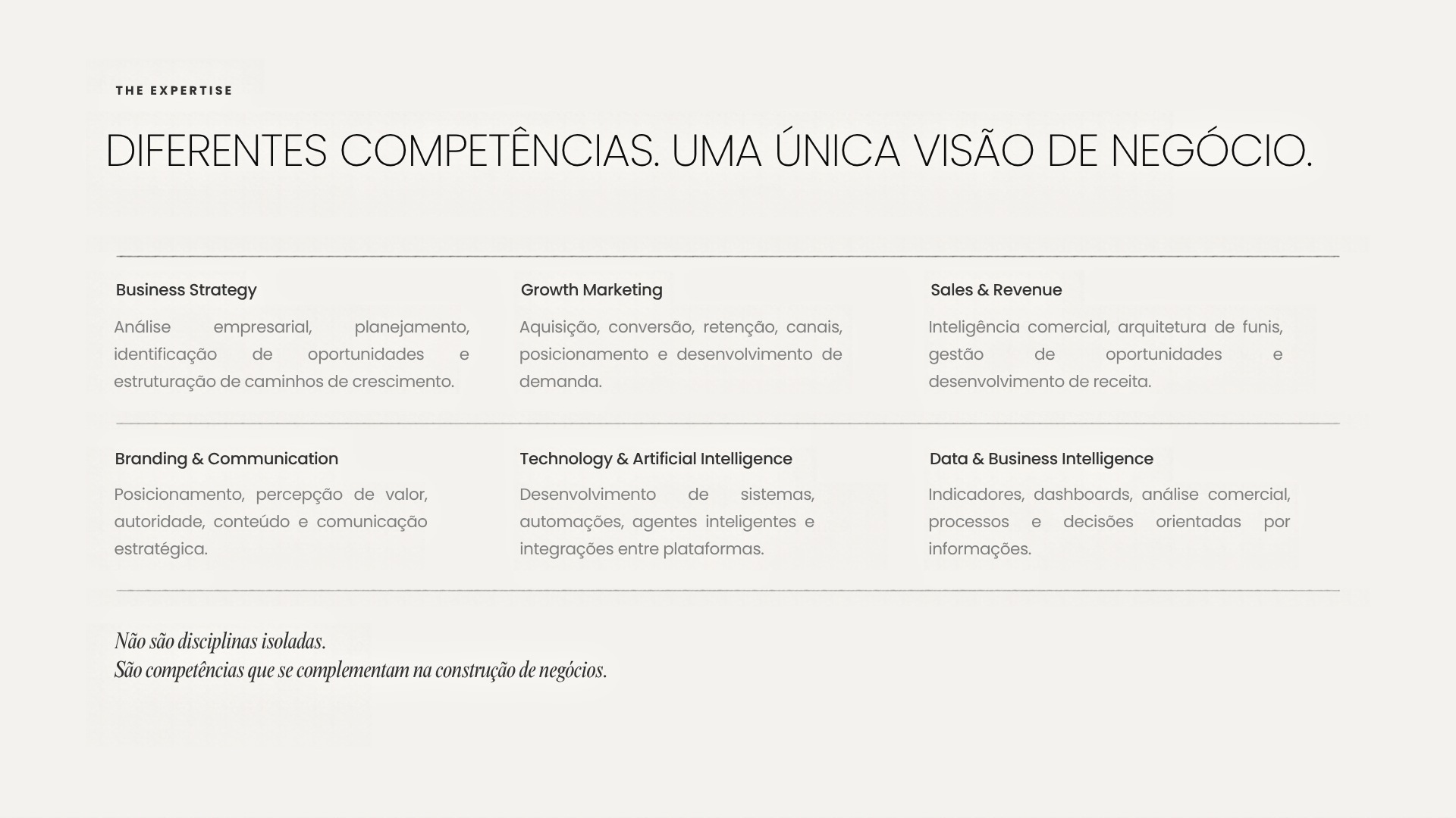 The Expertise — Diferentes competências. Uma única visão de negócio. Grade com seis competências.