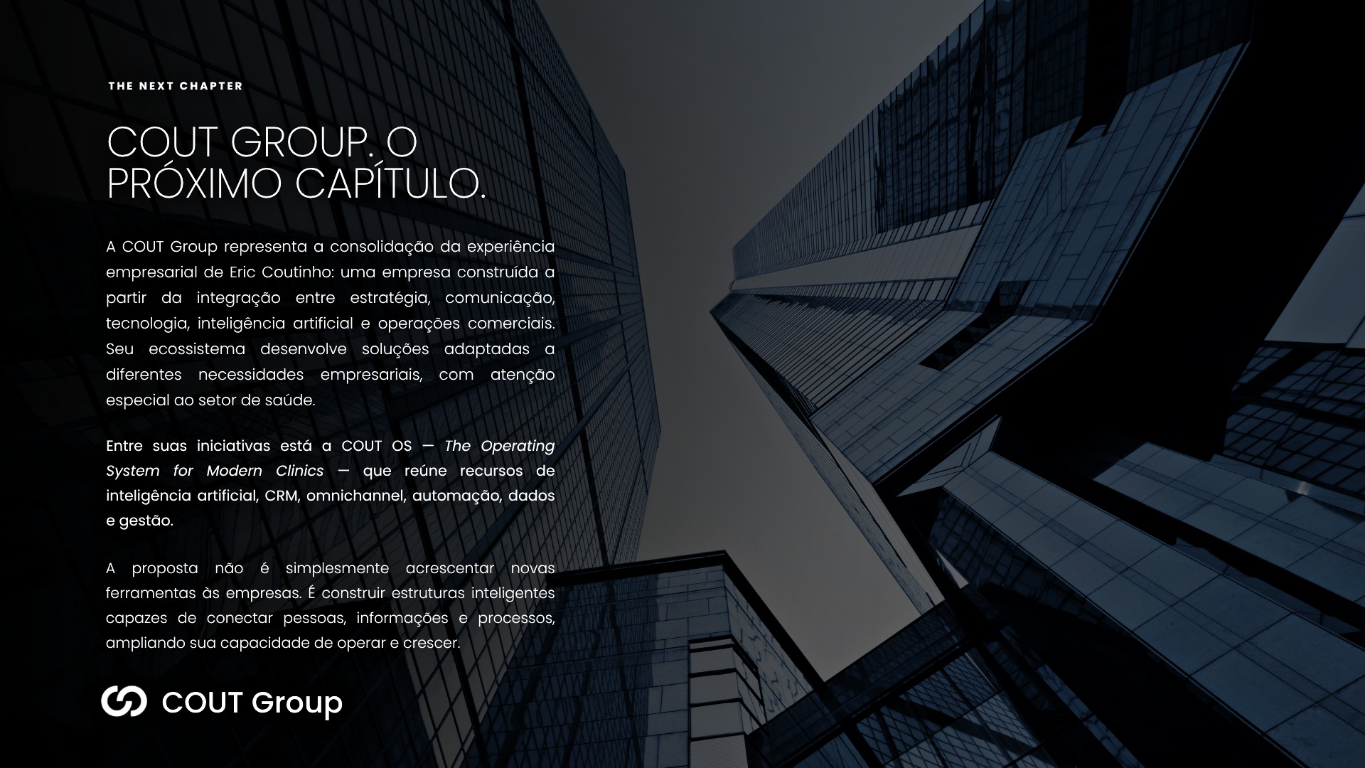 The Next Chapter — COUT Group, o próximo capítulo, sobre uma vista de arranha-céus.